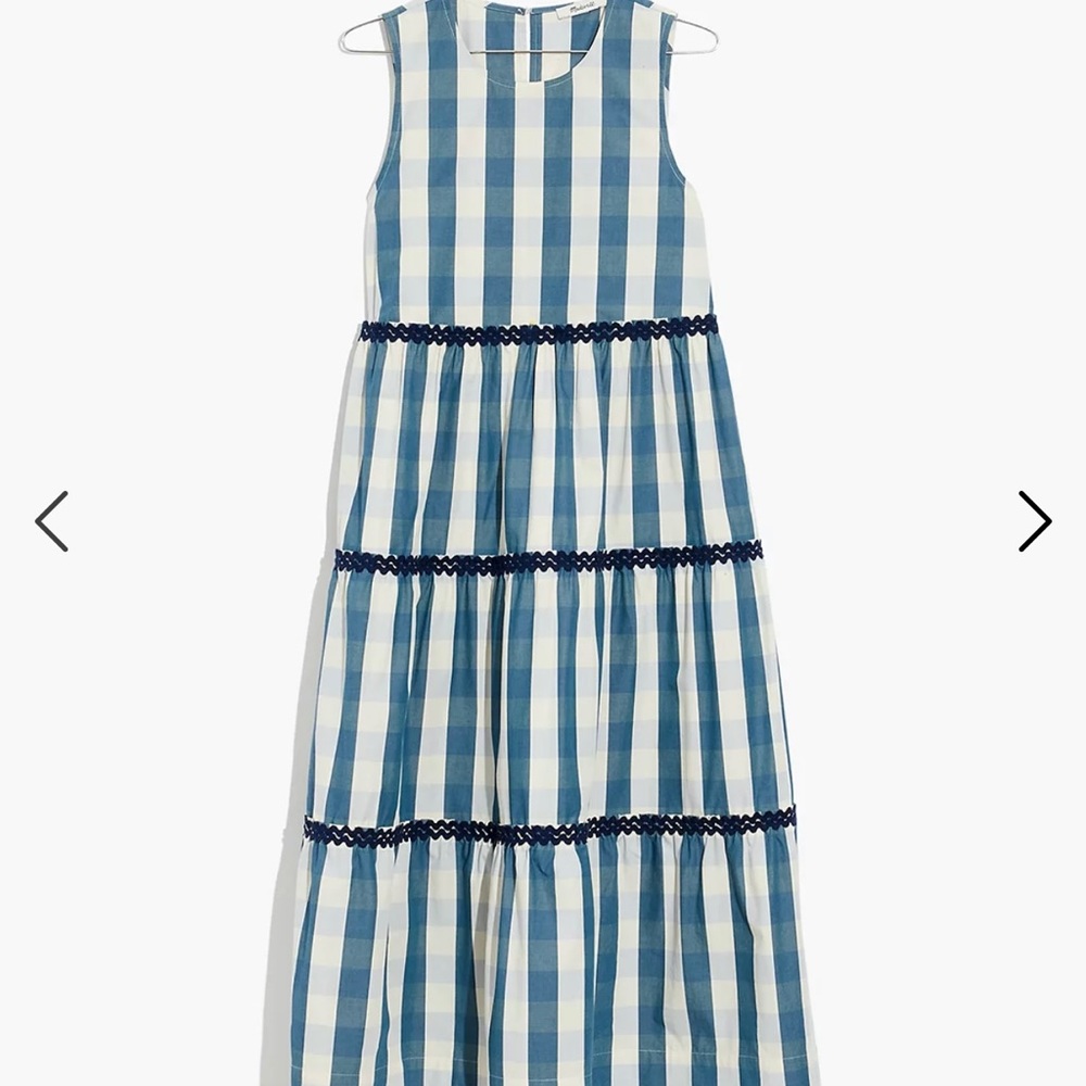 Petite Rickrack Cattail Tiered Dress in Gingham Check Blue Hematite - EUC
